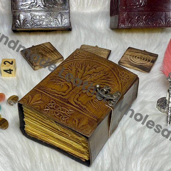 Vintage Leather Journal: Tree of Life Grimoire, Lapis Lazuli Stone