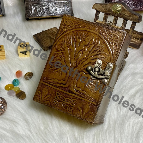 Vintage Leather Journal: Tree of Life Grimoire, Lapis Lazuli Stone