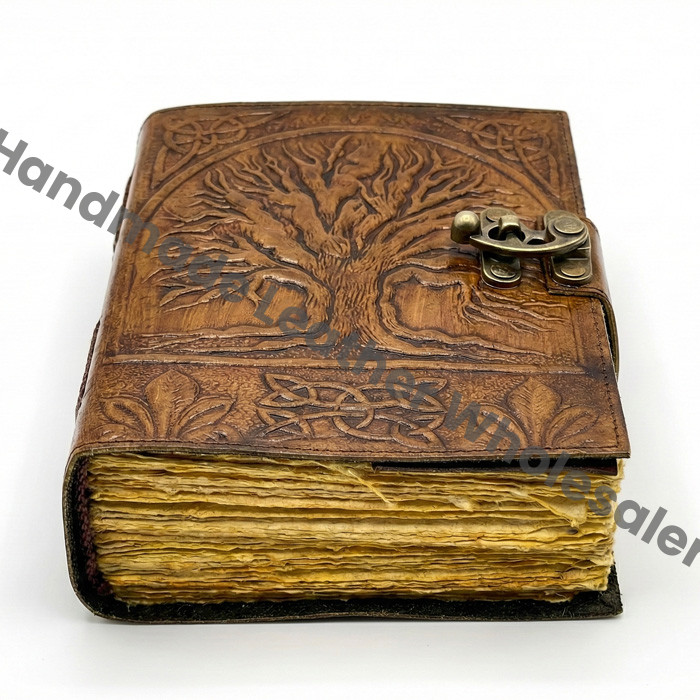 Vintage Leather Journal: Tree of Life Grimoire, Lapis Lazuli Stone
