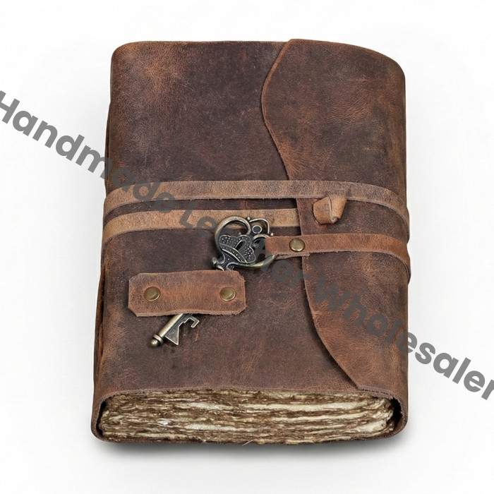 Vintage Leather Journal with Antique Key | Handmade Deckle Edge Paper