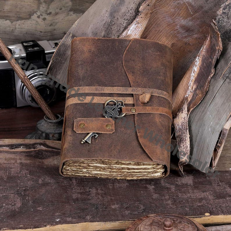 Vintage Leather Journal with Antique Key | Handmade Deckle Edge Paper