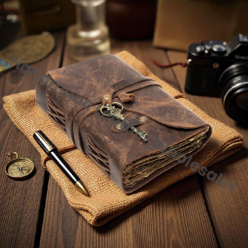 Vintage Leather Journal with Antique Key | Handmade Deckle Edge Paper