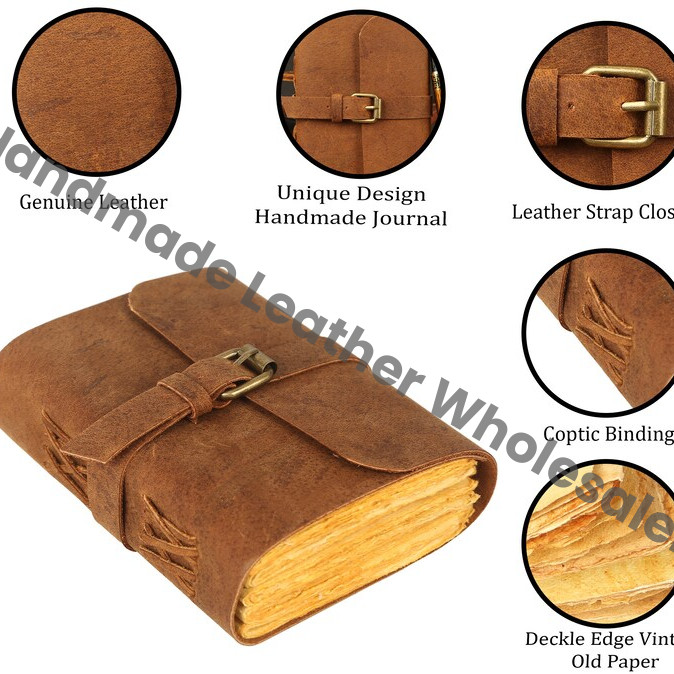 Vintage Leather Journal with Buckle, Deckled Edge Paper