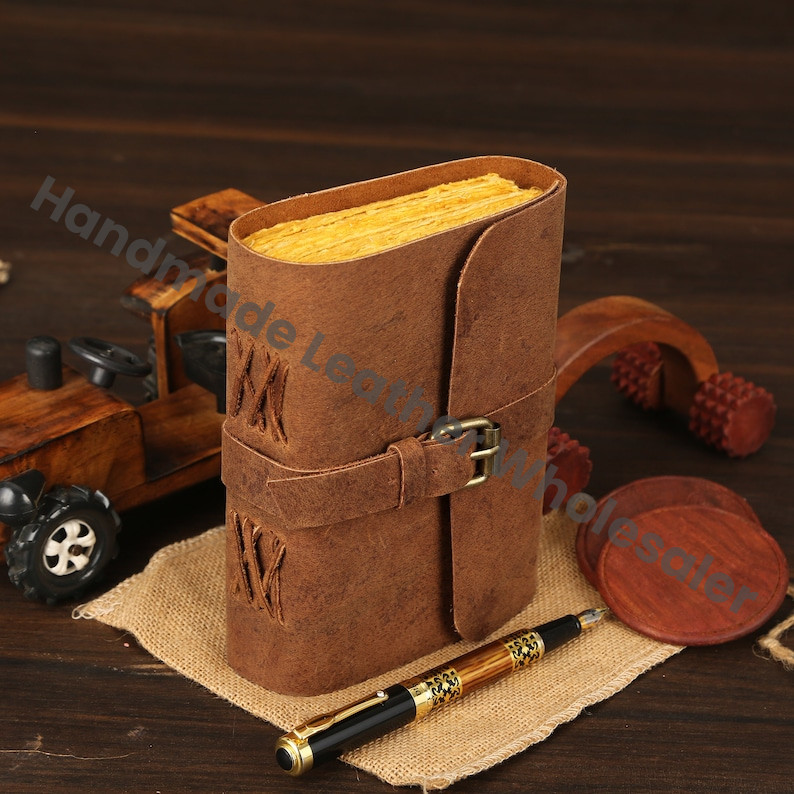 Vintage Leather Journal with Buckle, Deckled Edge Paper