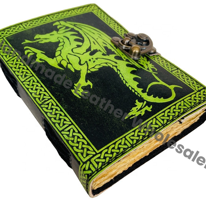 Vintage Leather Journal Women Dragon Large Book of Shadows Sketchbook Deckle Old Pages Black With Green Classic Planner Diary