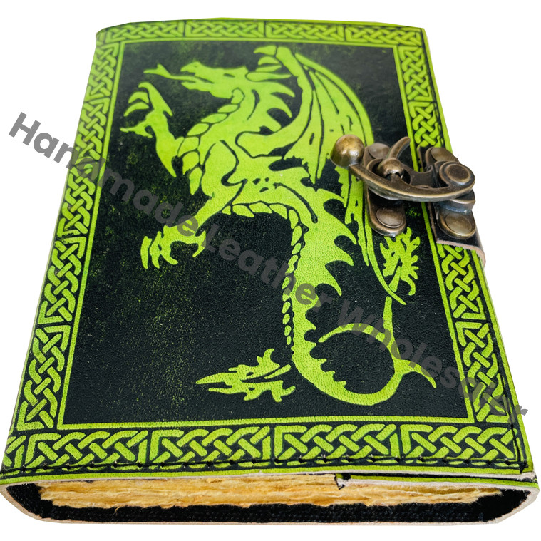 Vintage Leather Journal Women Dragon Large Book of Shadows Sketchbook Deckle Old Pages Black With Green Classic Planner Diary