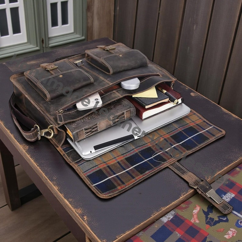 Vintage Leather Messenger Full Grain Briefcase Bag – Custom Engraved - Handmade Crossbody Laptop Satchel - Gift for him