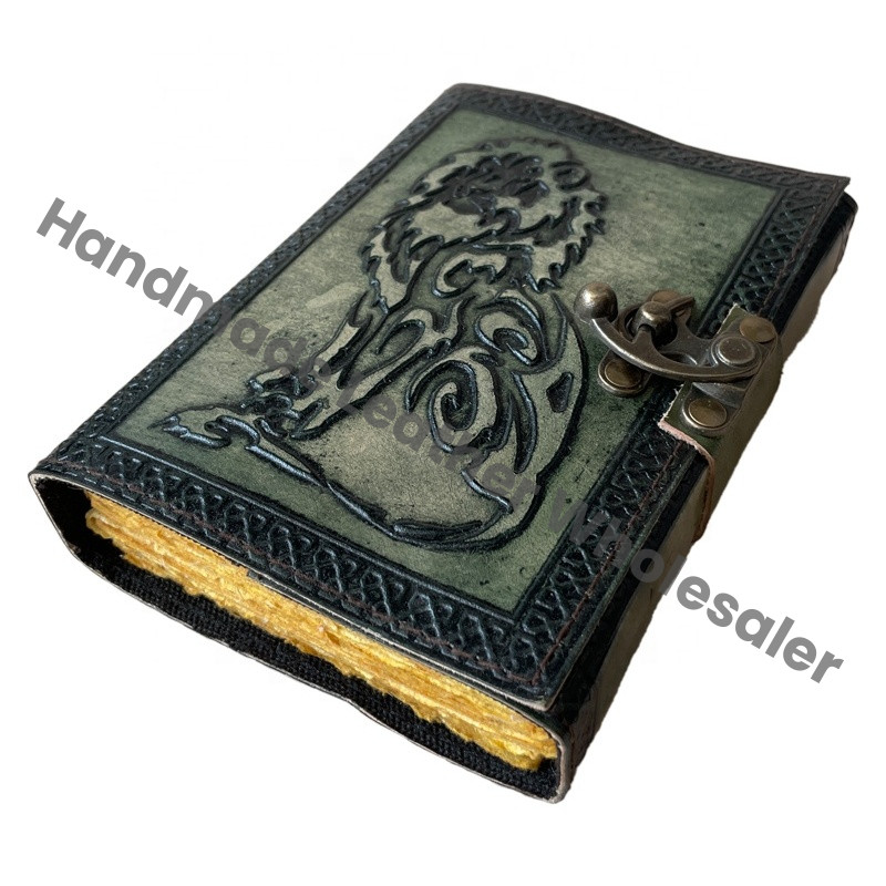 Vintage Lion Embossed Leather Journal Sketchbook Book of Charmed Spell Antique Handmade Deckle Edge Paper Lion Charcoal Green Embossed
