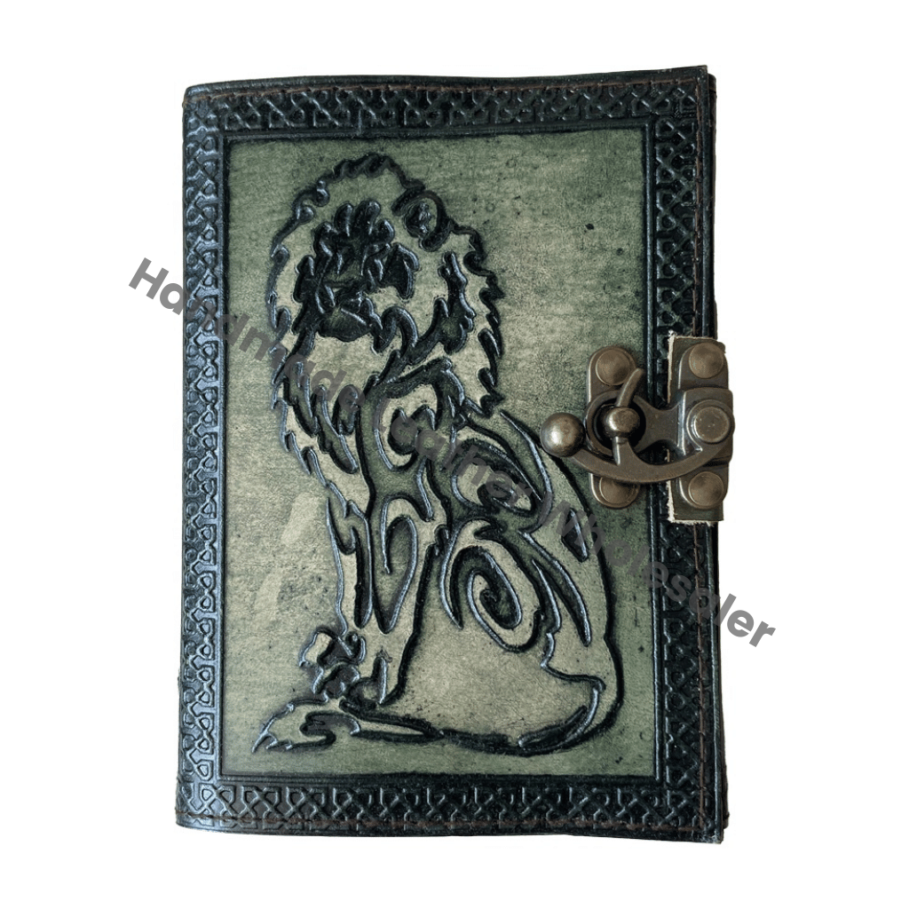 Vintage Lion Embossed Leather Journal Sketchbook Book of Charmed Spell Antique Handmade Deckle Edge Paper Lion Charcoal Green Embossed