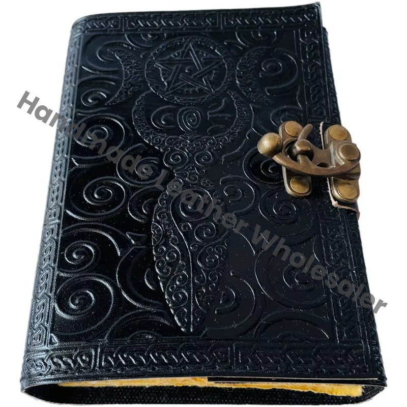 Vintage Mother of Earth Pentagram Leather Journals Book of Spells Celtic Wiccan for Writing Black Handmade Deckle Paper Diary