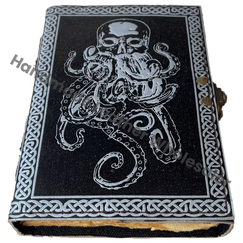 Vintage Octopus Leather Journal Thermal Binding Deckle Edge Paper Women's Planner Travel Journal Black Silver Gift