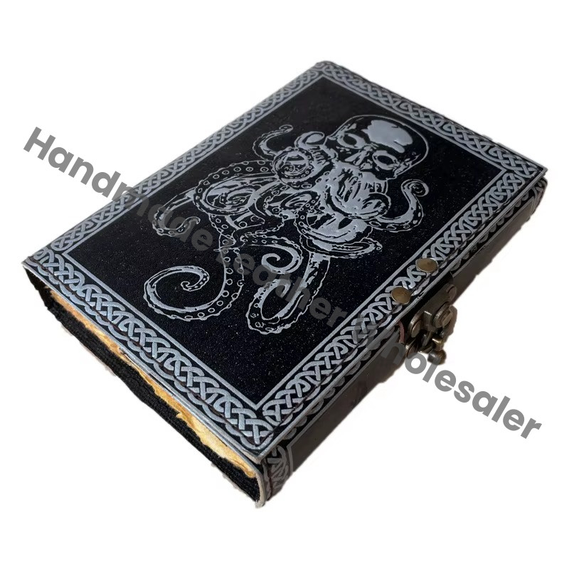 Vintage Octopus Leather Journal Thermal Binding Deckle Edge Paper Women's Planner Travel Journal Black Silver Gift