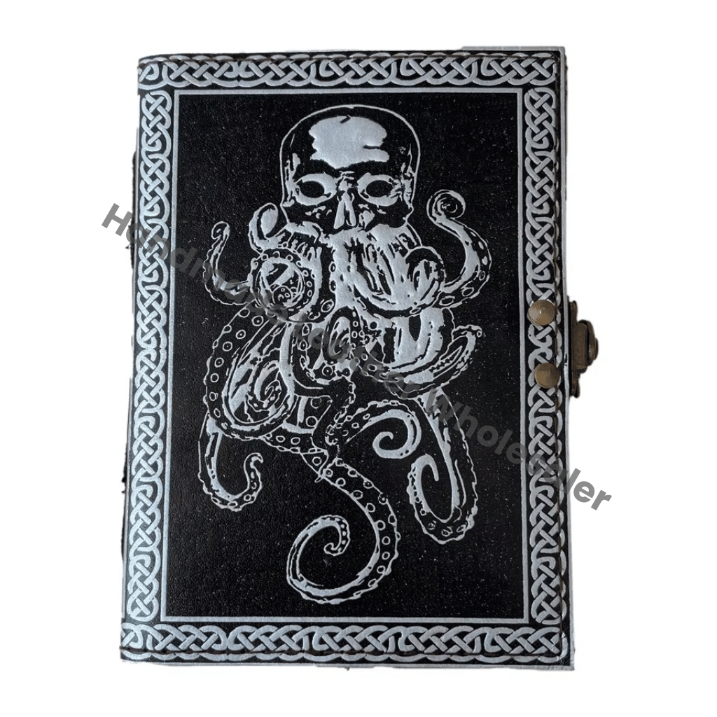 Vintage Octopus Leather Journal Thermal Binding Deckle Edge Paper Women's Planner Travel Journal Black Silver Gift