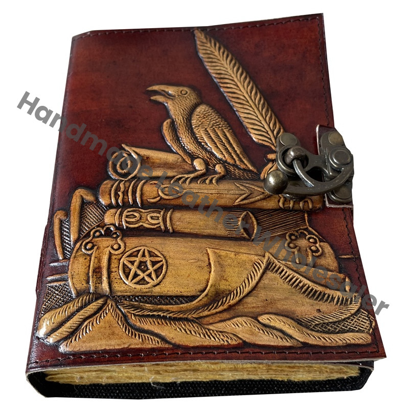 Vintage Raven Embossed Leather Journal Sketchbook Charmed Antique Handmade Deckle Edge Paper Yellow Brown Embossed Spell Gift Custom Logo