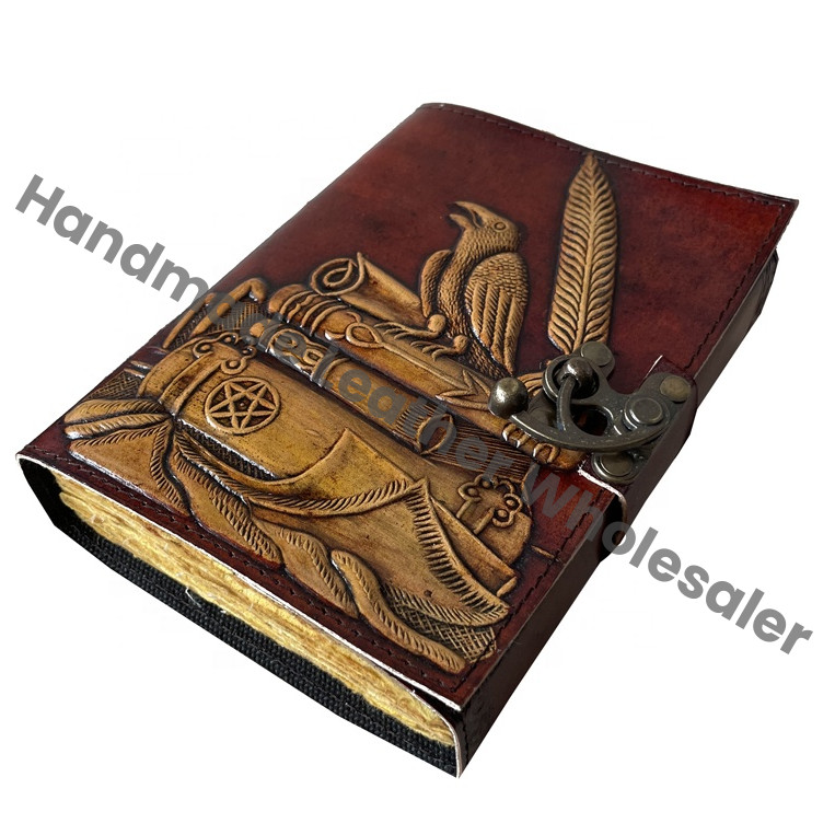 Vintage Raven Embossed Leather Journal Sketchbook Charmed Antique Handmade Deckle Edge Paper Yellow Brown Embossed Spell Gift Custom Logo