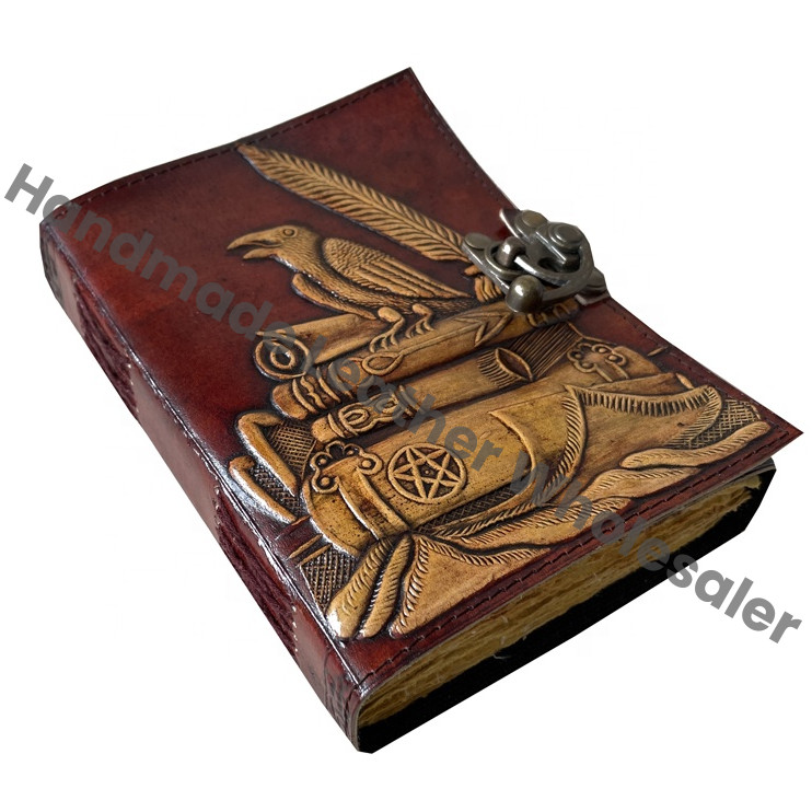 Vintage Raven Embossed Leather Journal Sketchbook Charmed Antique Handmade Deckle Edge Paper Yellow Brown Embossed Spell Gift Custom Logo