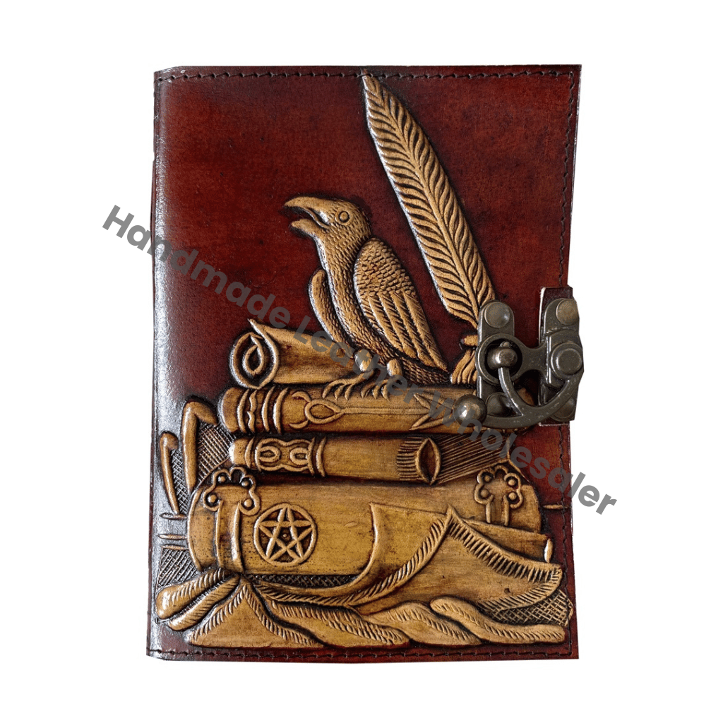 Vintage Raven Embossed Leather Journal Sketchbook Charmed Antique Handmade Deckle Edge Paper Yellow Brown Embossed Spell Gift Custom Logo