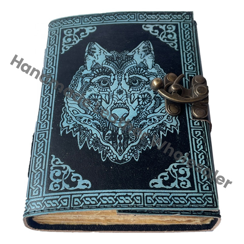 Vintage Sketchbook Antique Book of Shadows Charmed Wolf Face Celtic Leather Handmade Deckle Edge Paper Embossed Notebook Diary
