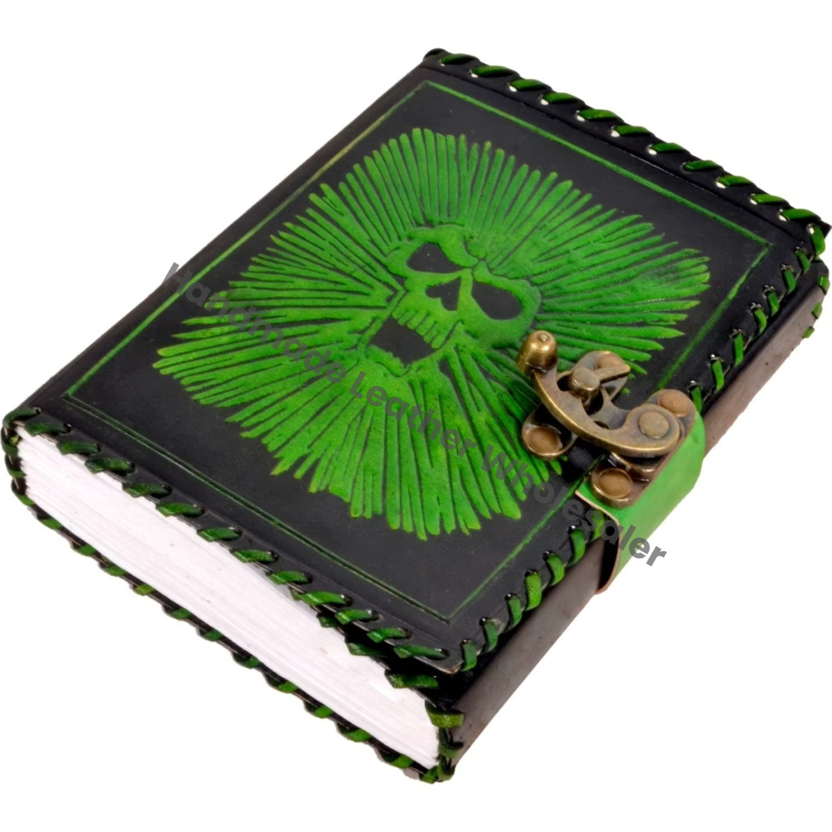 Vintage Skull Journal Handmade Green Black Leather Hardcover Large Recyclable Paper Custom Logo Notebooks Woman Sketchbook