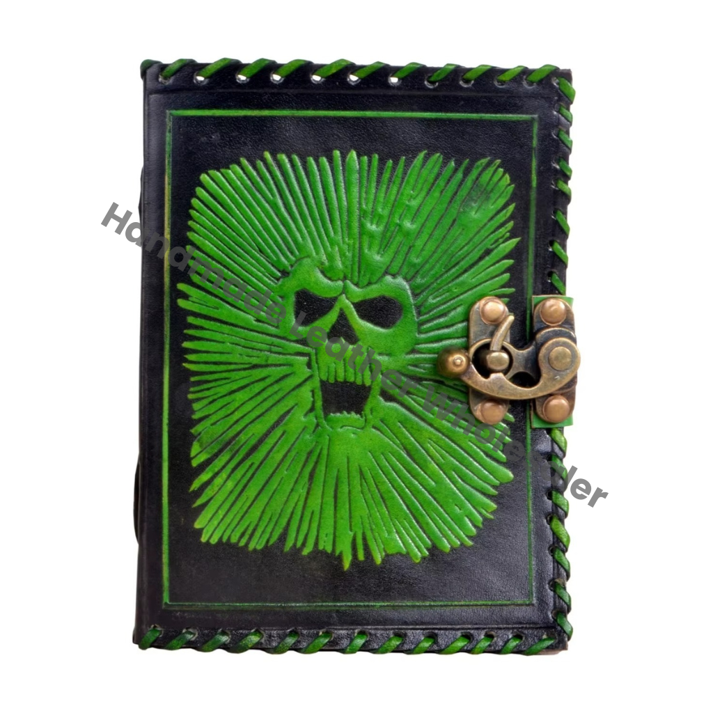 Vintage Skull Journal Handmade Green Black Leather Hardcover Large Recyclable Paper Custom Logo Notebooks Woman Sketchbook