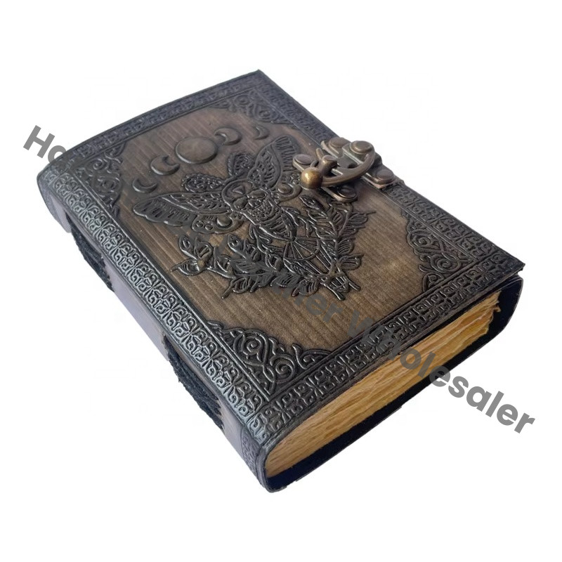 Vintage Sun Moon Leather Journals Embossed Antique Book of Spell Charmed Moth Handmade Deckle Paper Charcoal Sketchbook Planner