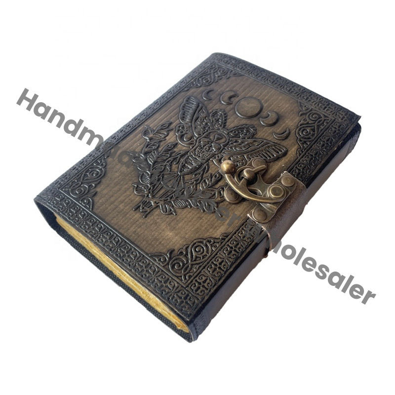 Vintage Sun Moon Leather Journals Embossed Antique Book of Spell Charmed Moth Handmade Deckle Paper Charcoal Sketchbook Planner