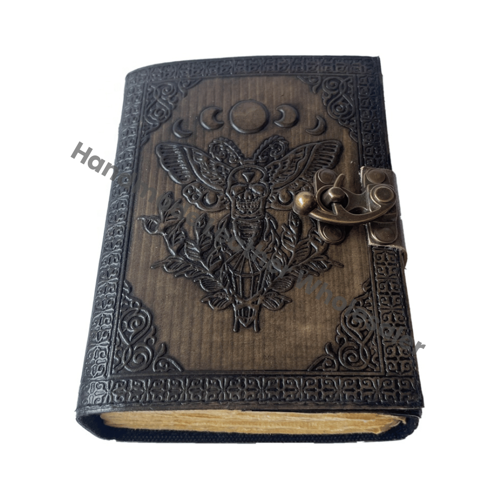Vintage Sun Moon Leather Journals Embossed Antique Book of Spell Charmed Moth Handmade Deckle Paper Charcoal Sketchbook Planner
