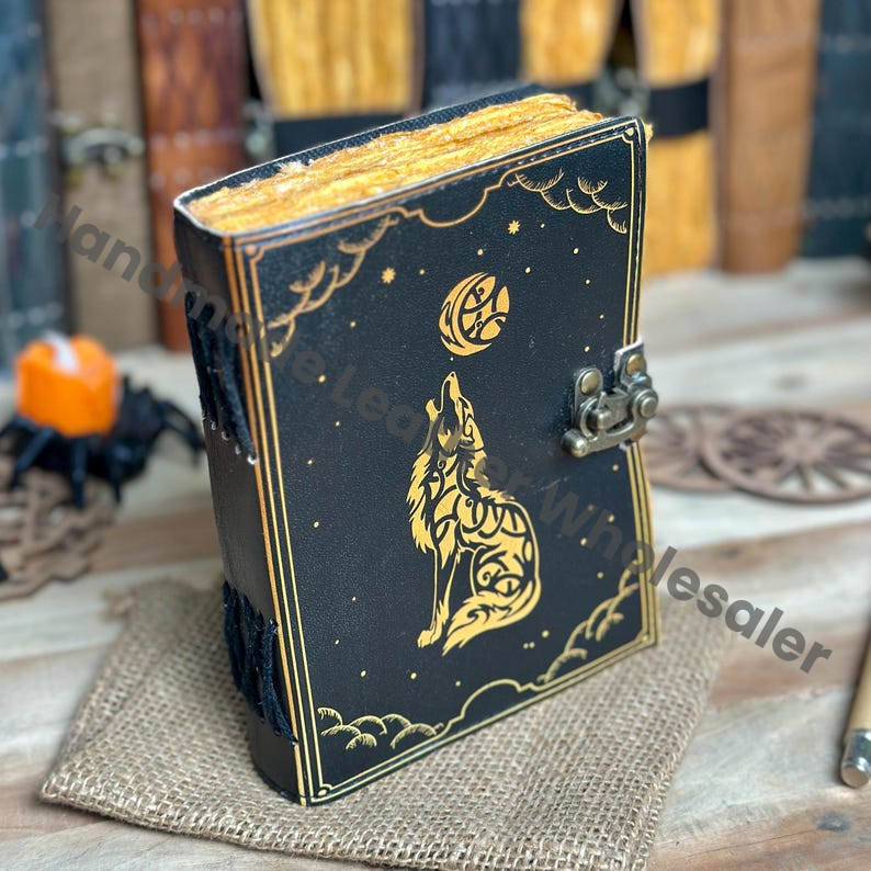 Vintage Wolf Moon Leather Journal: Handmade Spell Book