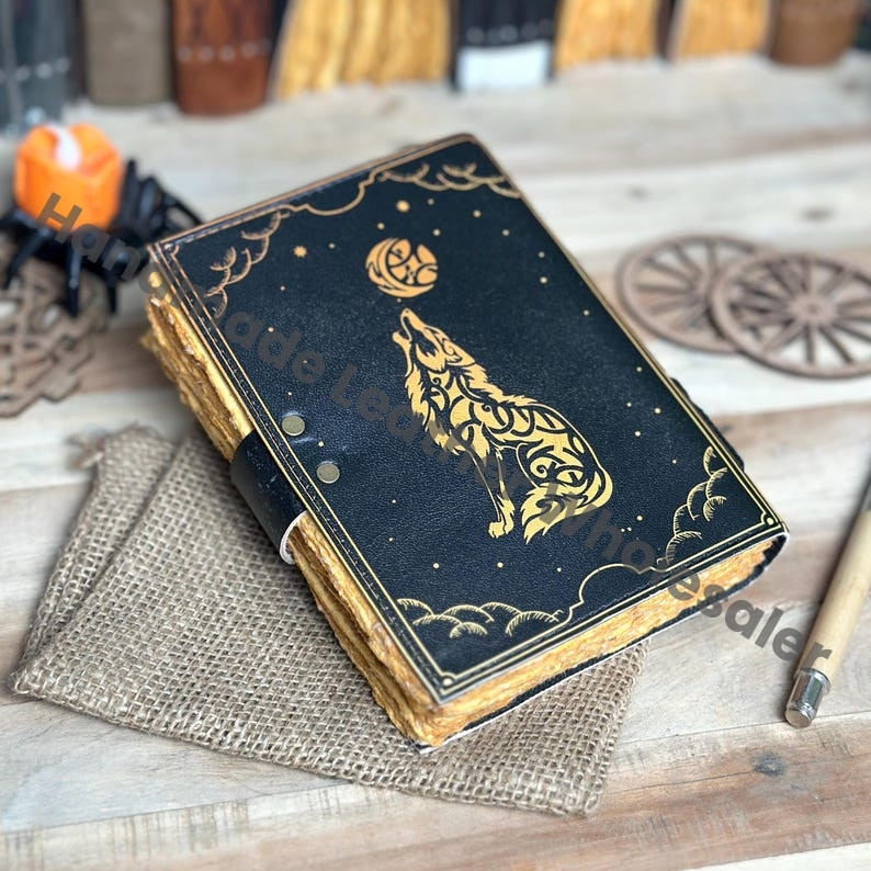 Vintage Wolf Moon Leather Journal: Handmade Spell Book