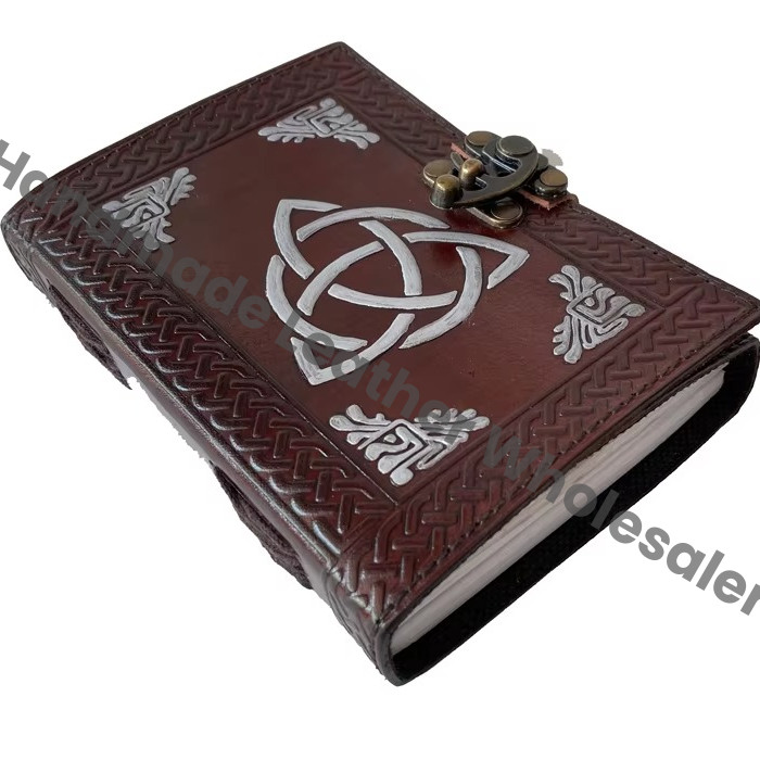 Wholesaler Triquetra Design Embossed Double Color Leather Hard Notebook Tobacco Color Handmade Unlined Ruled Eco-friendly Paper