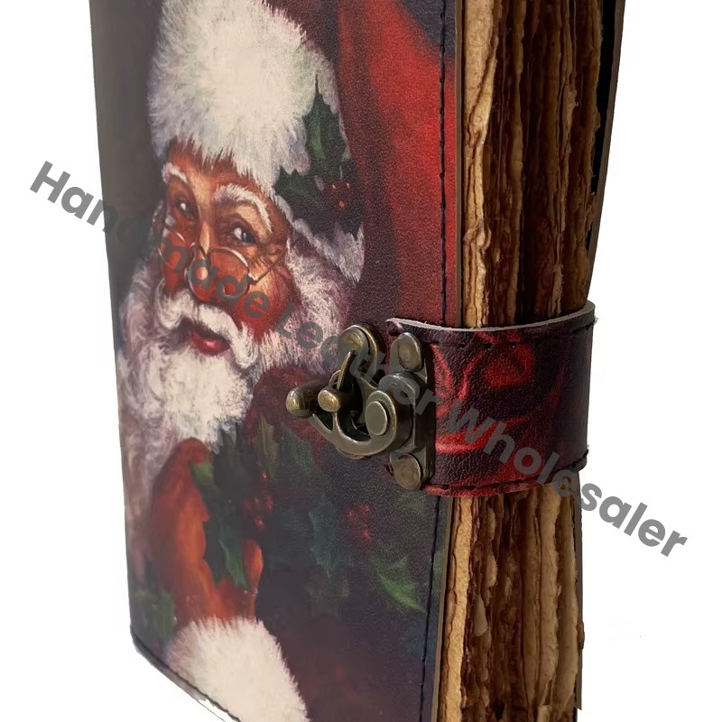 Wholesaler Handmade Santa Printed Vintage Spell Book Shadows Hardcover Leather Address Book Journal C Lock Best Gift Christmas