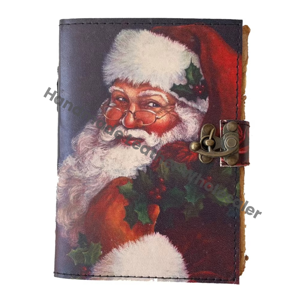 Wholesaler Handmade Santa Printed Vintage Spell Book Shadows Hardcover Leather Address Book Journal C Lock Best Gift Christmas