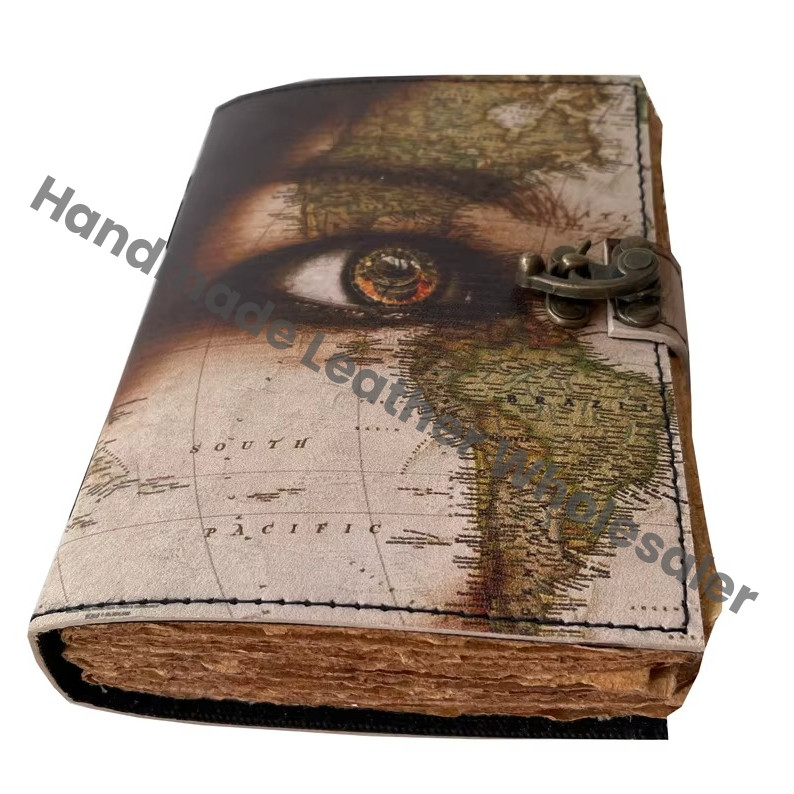 Wholesaler Handmade World Map Printed Vintage Spell Book Shadows Hardcover Leather Address Book C Lock Best Gift Christmas New