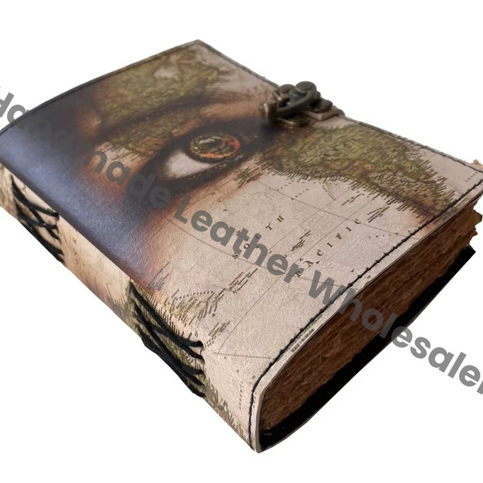 Wholesaler Handmade World Map Printed Vintage Spell Book Shadows Hardcover Leather Address Book C Lock Best Gift Christmas New