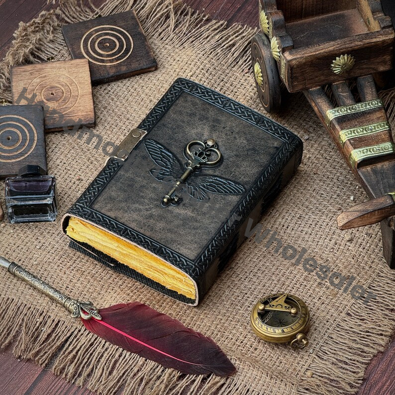 Wizards Leather Journal with Yellow Stone & Flying Key, Book of Shadows