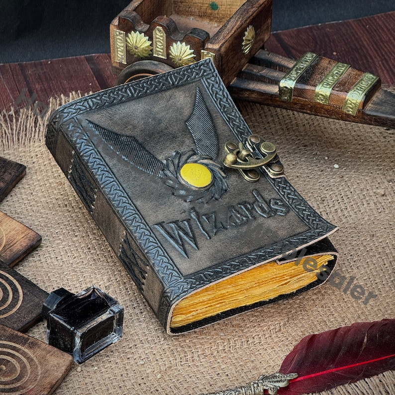 Wizards Leather Journal with Yellow Stone & Flying Key, Book of Shadows