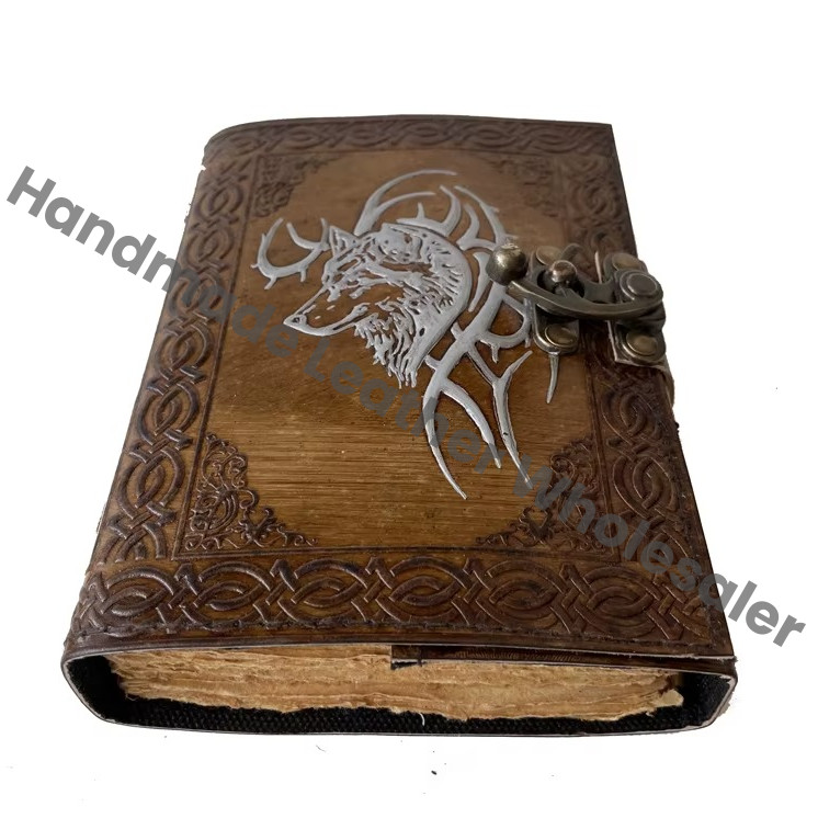 Wolf 2022 Classic Leather Hardcover Diary Vintage Journal Custom Design Double Color Antique Blank Book Loose-leaf Gift