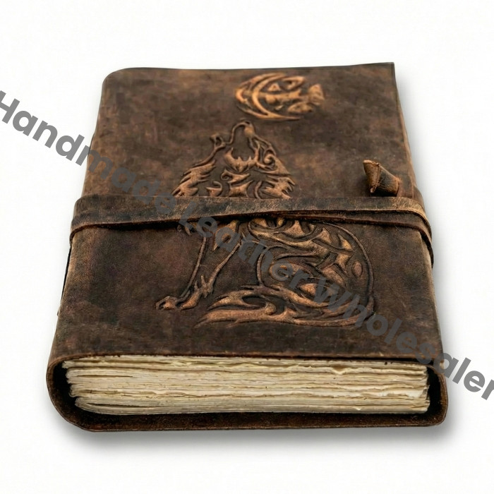 Wolf Embossed Leather Journal, Handmade Deckle Edge Paper