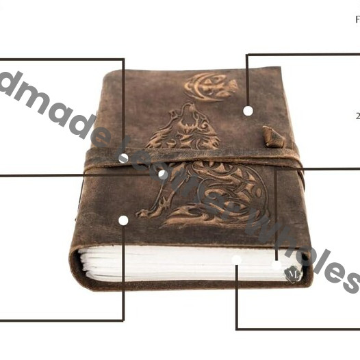 Wolf Embossed Leather Journal, Handmade Deckle Edge Paper