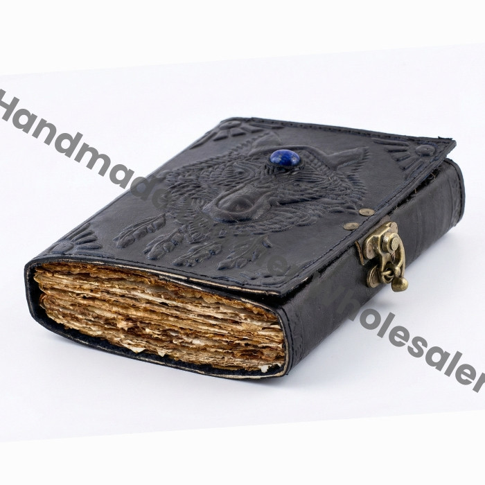 Wolf Embossed Leather Journal - Lapis Lazuli Stone, Antique Deckle edge Paper