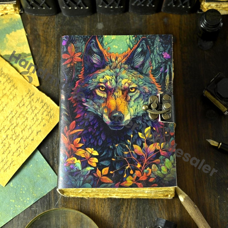 Wolf Grimoire Leather Journal: Handmade Celtic Notebook with Deckle Edge Paper