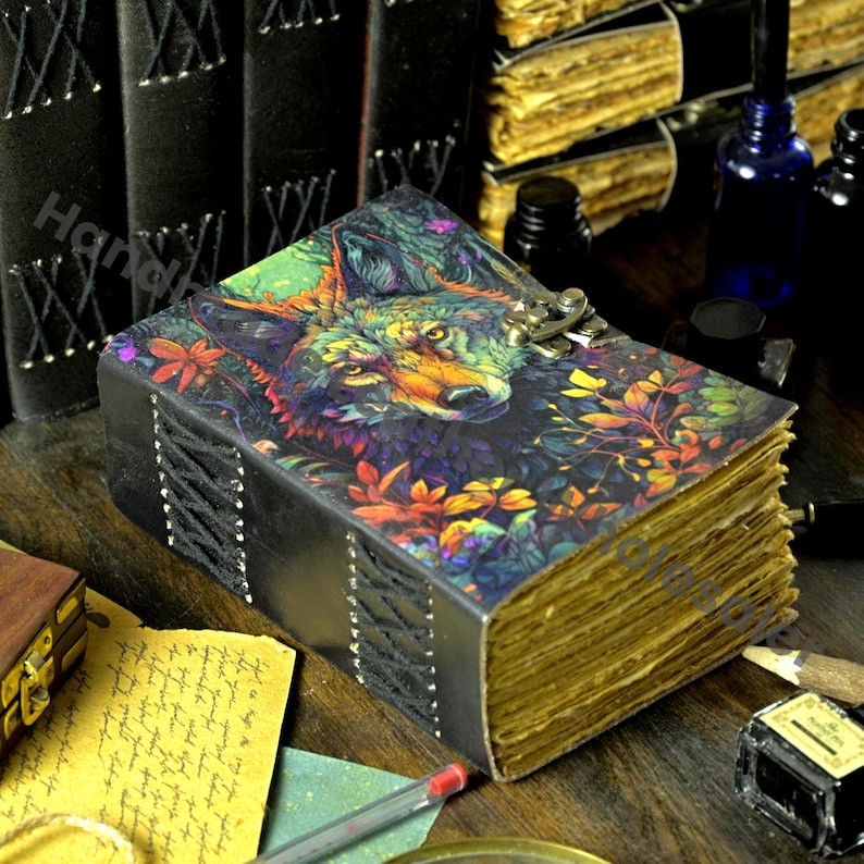 Wolf Grimoire Leather Journal: Handmade Celtic Notebook with Deckle Edge Paper