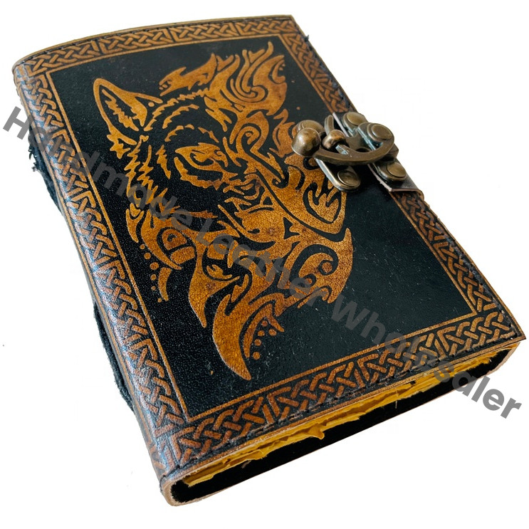 Wolf Leather Hardcover Journal Recyclable Handmade Paper Vintage Embossed Design Custom Logo Gift Packing Traveler Diary