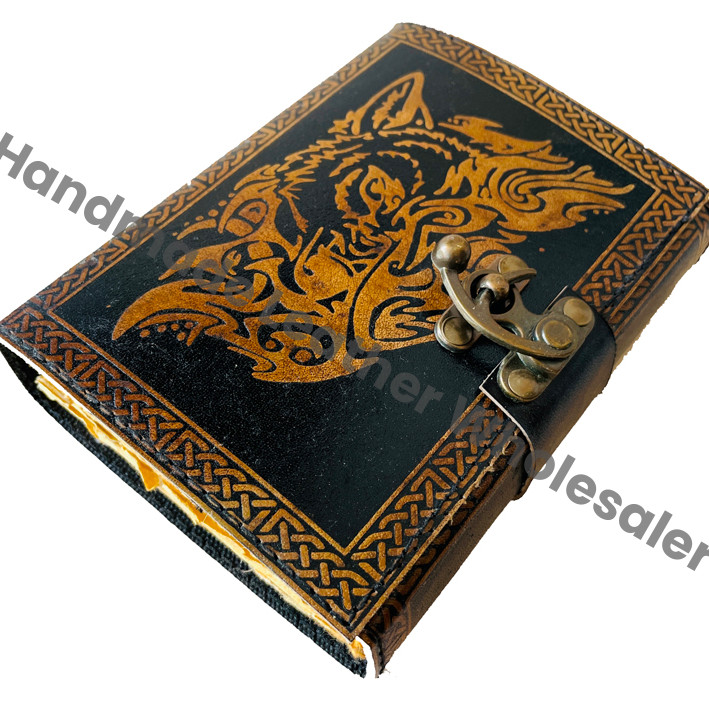 Wolf Leather Hardcover Journal Recyclable Handmade Paper Vintage Embossed Design Custom Logo Gift Packing Traveler Diary