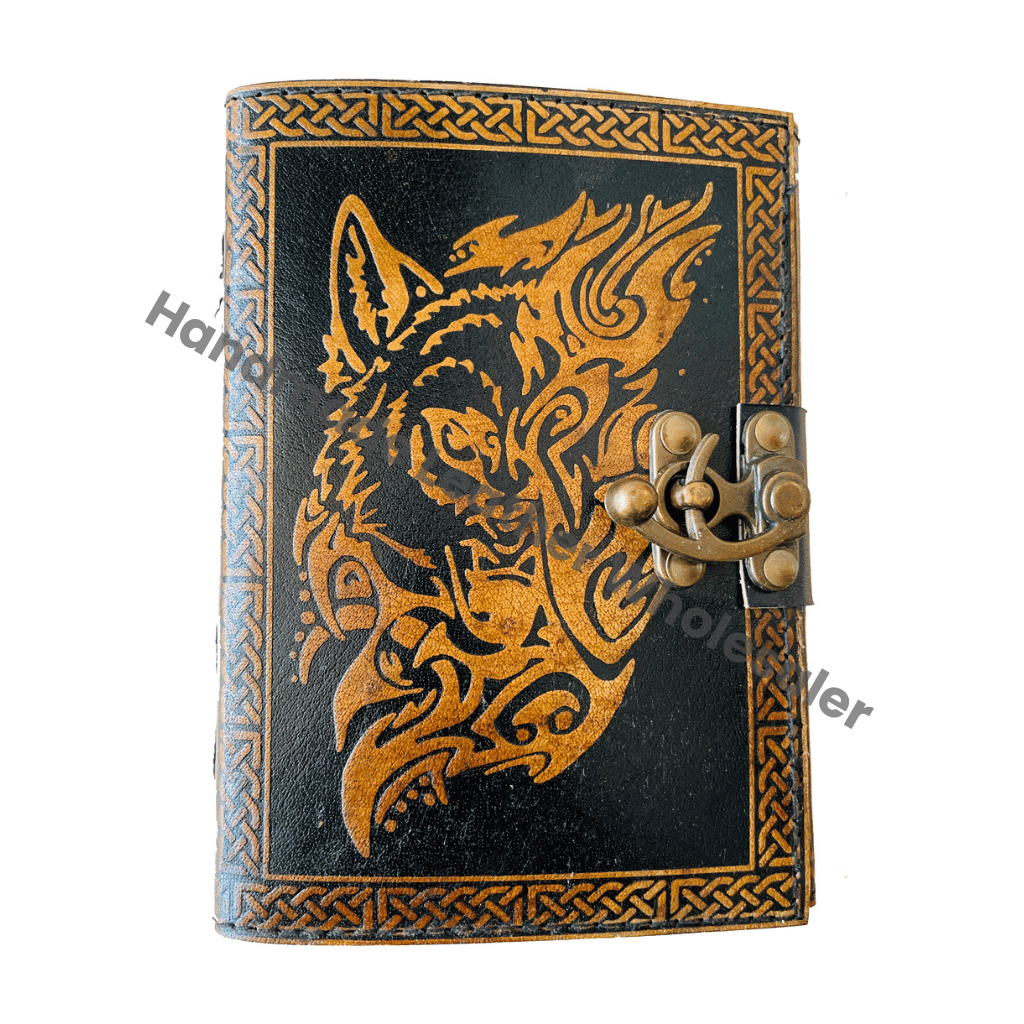 Wolf Leather Hardcover Journal Recyclable Handmade Paper Vintage Embossed Design Custom Logo Gift Packing Traveler Diary