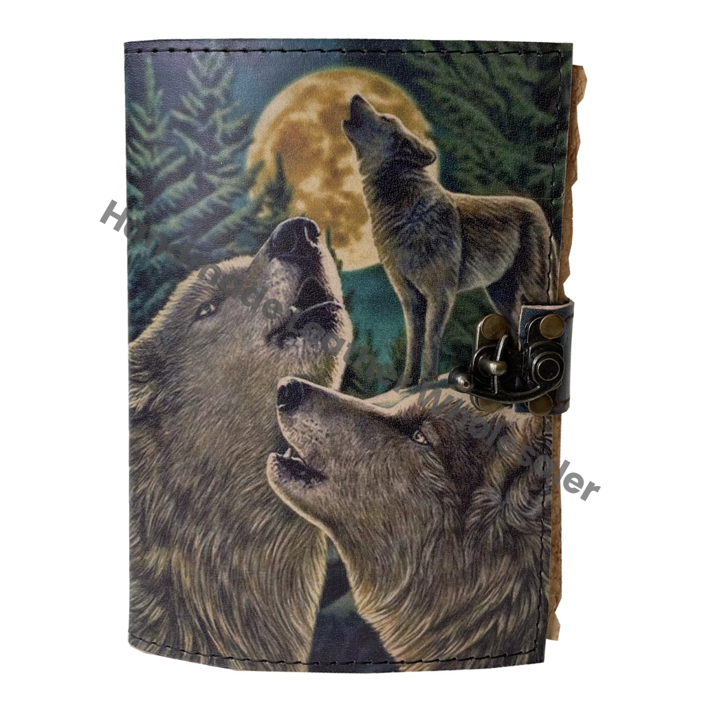 Wolf Leather Printed Style Design Handmade Journal Eco-friendly Paper Notebook Sketchbook Saddle Stitching