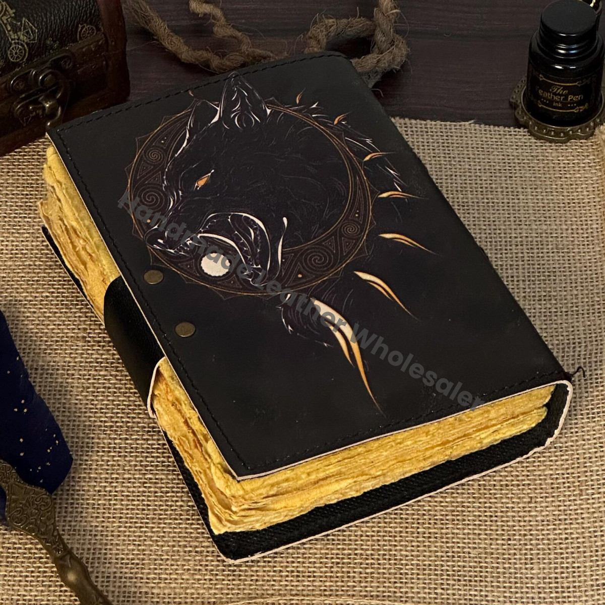 Wolf Print Leather Journal, Handmade Vintage Paper Notebook
