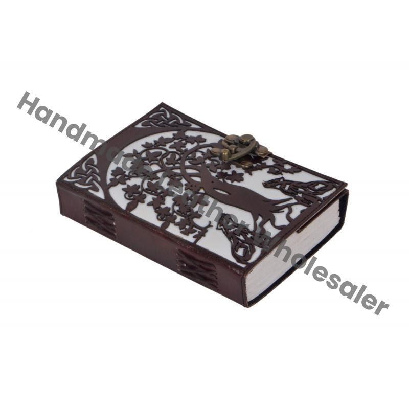 Wolf Tree Design Thermal Binding Hand-Tool New Cut Work Brown White Leather Cover Classic Address Book Vintage