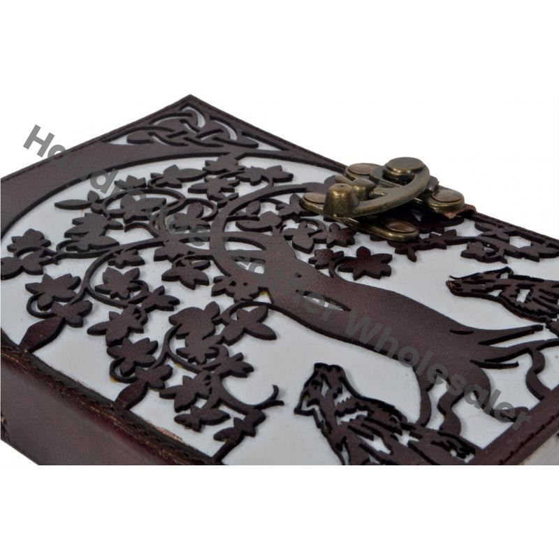 Wolf Tree Design Thermal Binding Hand-Tool New Cut Work Brown White Leather Cover Classic Address Book Vintage
