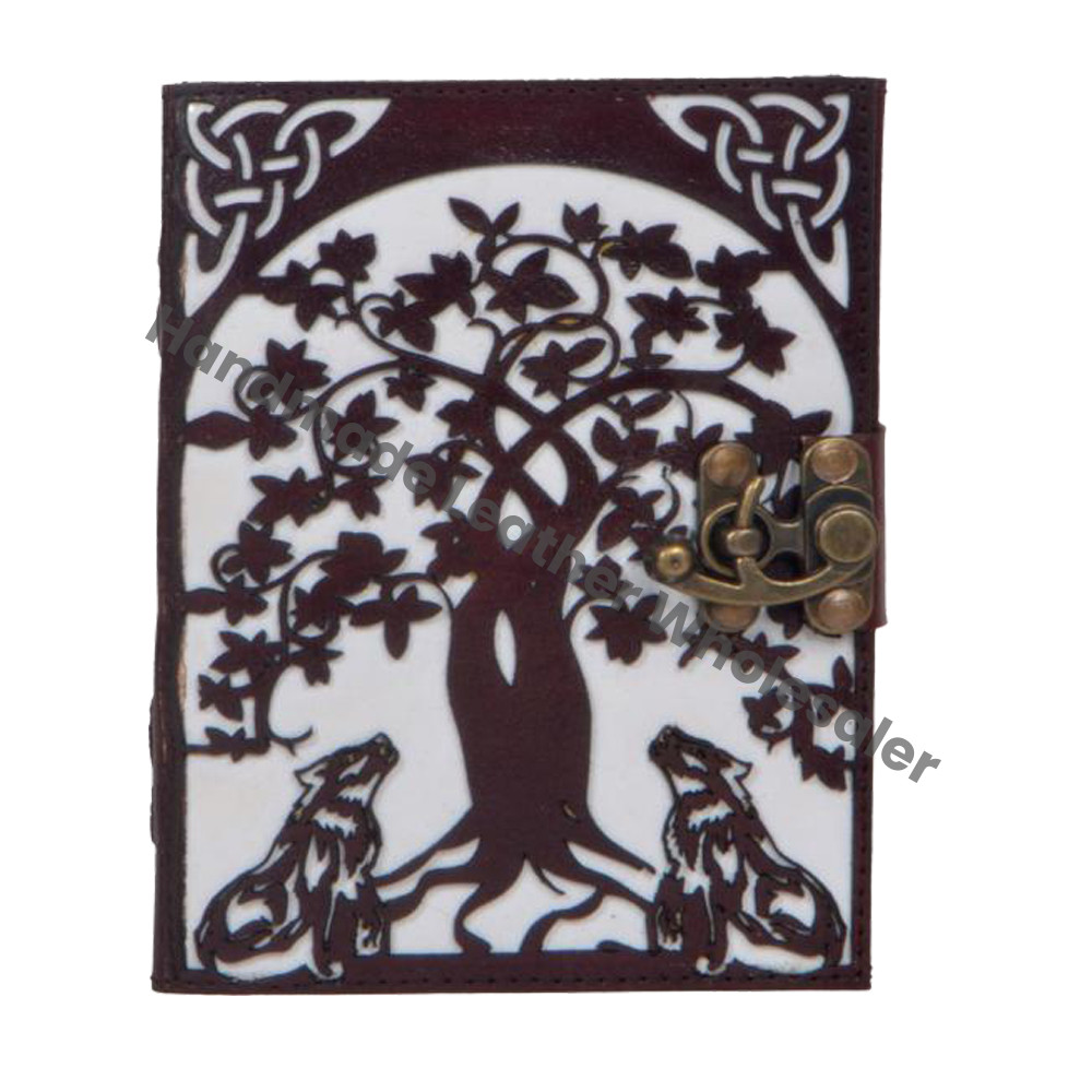 Wolf Tree Design Thermal Binding Hand-Tool New Cut Work Brown White Leather Cover Classic Address Book Vintage